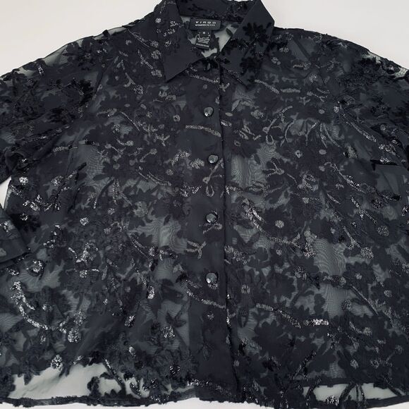 VTG Virgo Top Women 16 Black Velvet Burnout Sheer Sparkle Button Whimsygoth Goth - Picture 3 of 9
